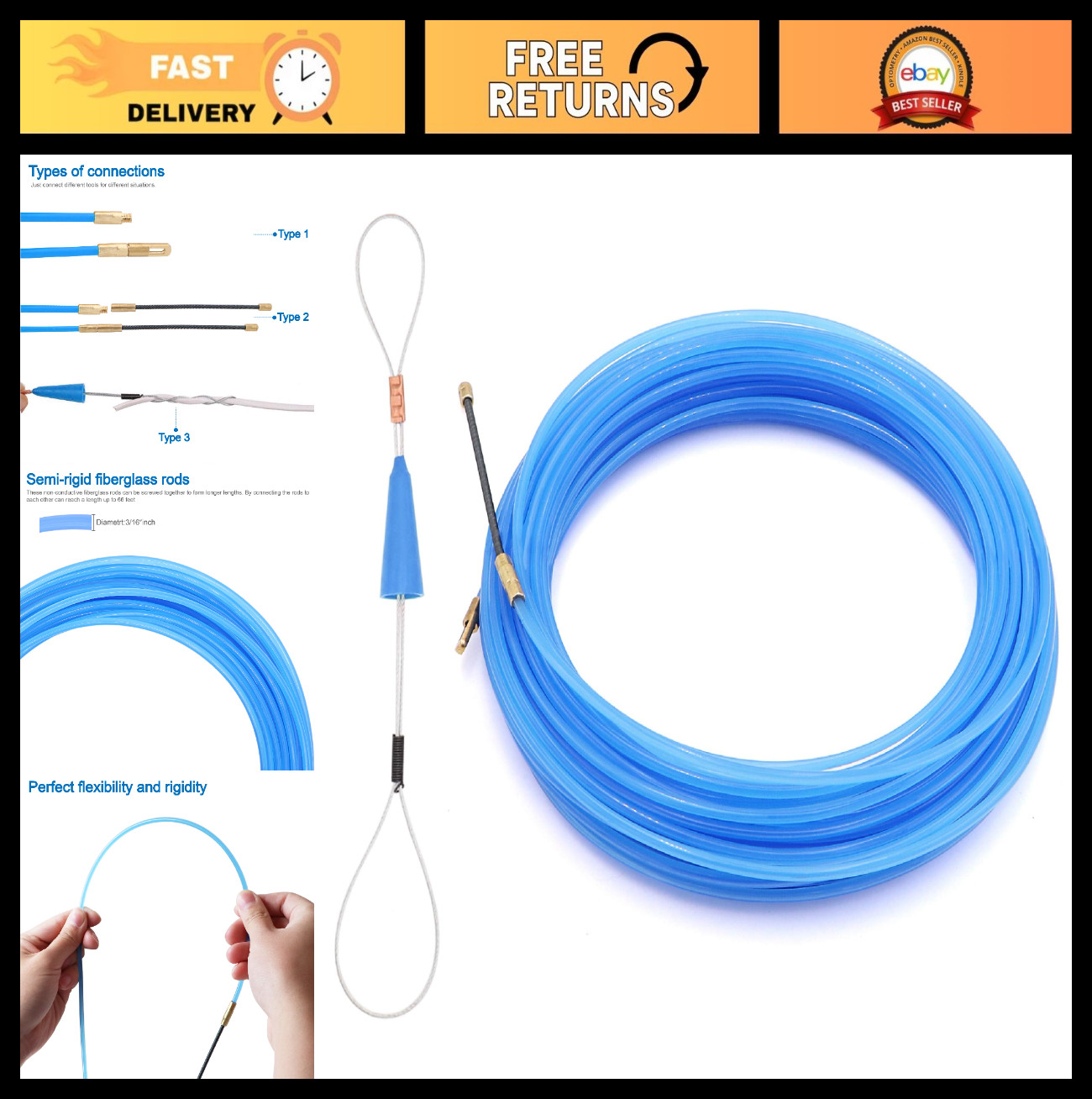 66ft Fish Tape Wire Puller Kit - Electrical Fish Tape for Wall Wiring, Cable Ins