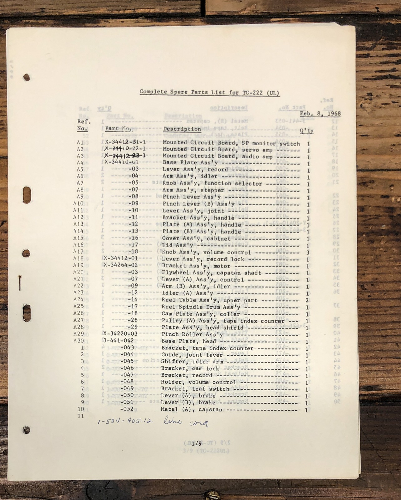 Sony TC-222 Cassette Spare Parts List Manual *Original*