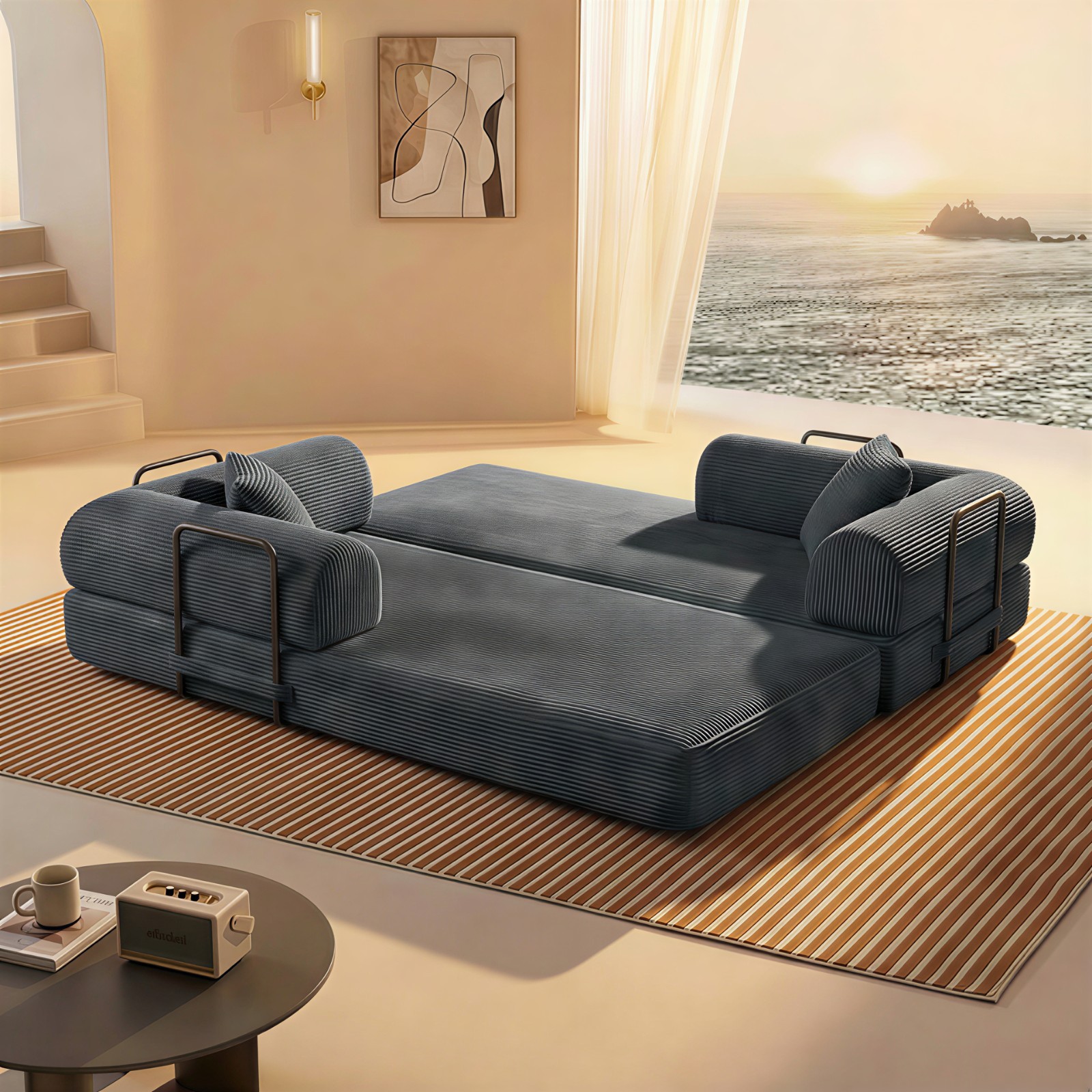 Convertible Floor Sofa Bed Pillow Back Support Armrest,Corduroy fabric Grey