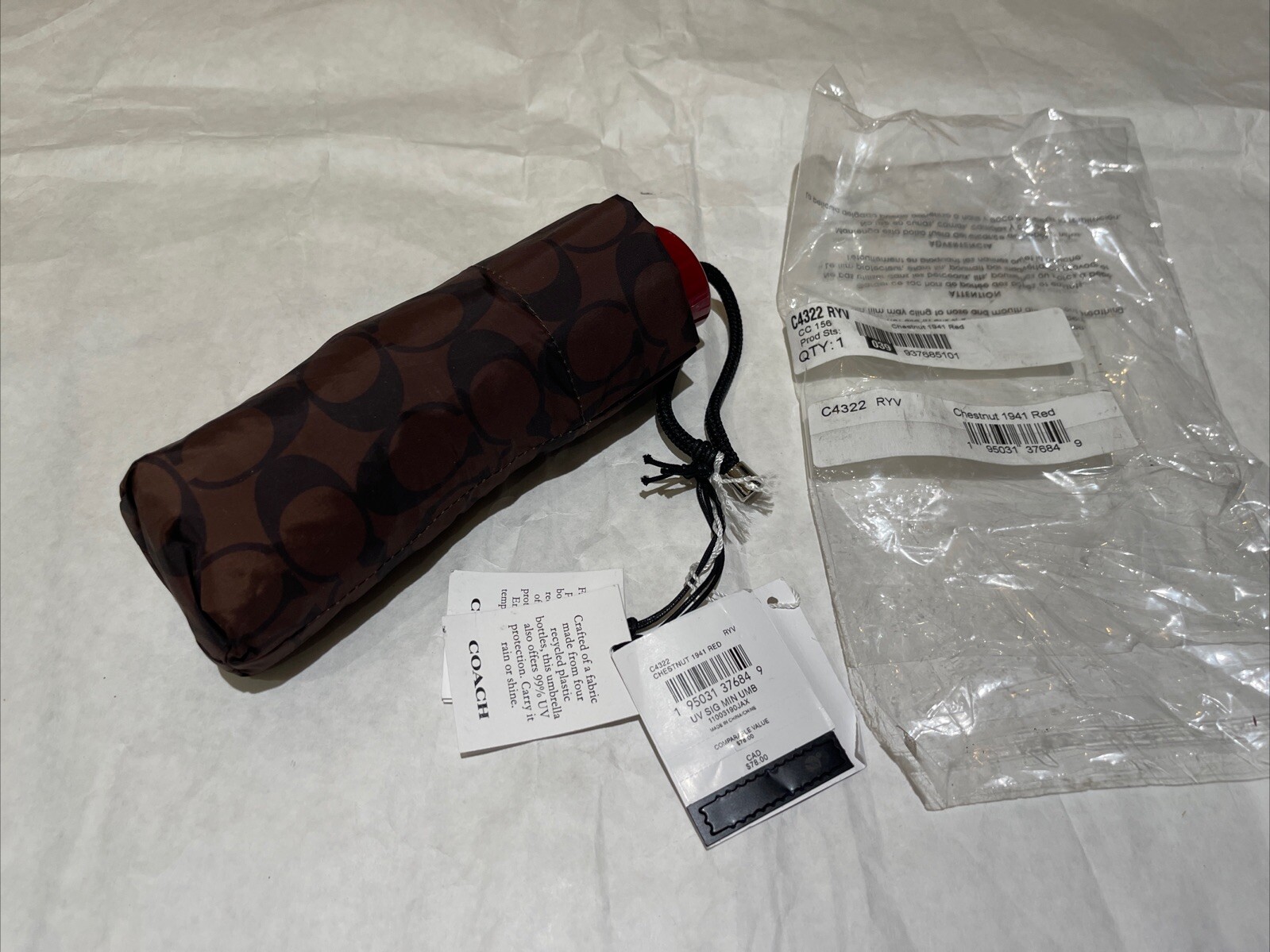 Coach UV Protection Signature Mini Umbrella - 1941 Red/Chestnut -C4322 NWT