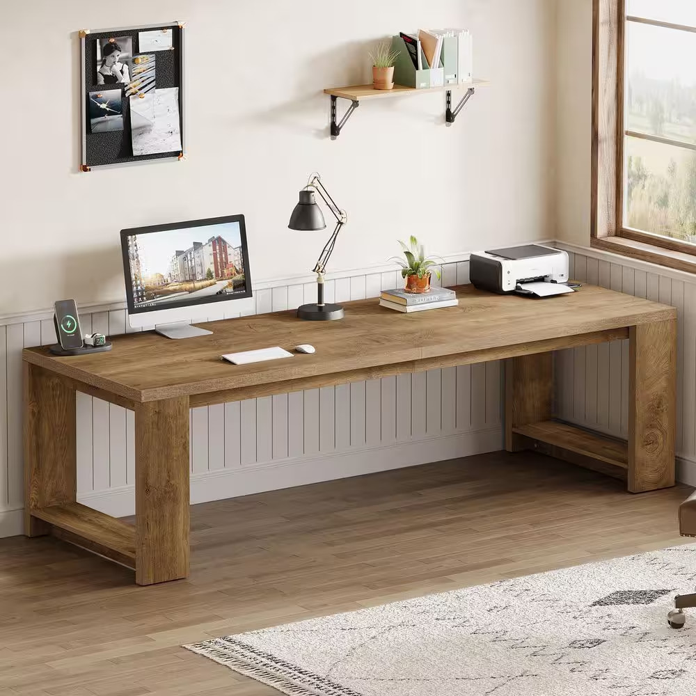 Halseey 86.6-Inch Extra Long Double Rectangular Brown Wood Computer Desk Home Of
