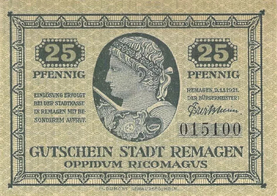 GERMANY REMAGEN 25 PFENNIG NOTGELD NOTE 1921 UNC