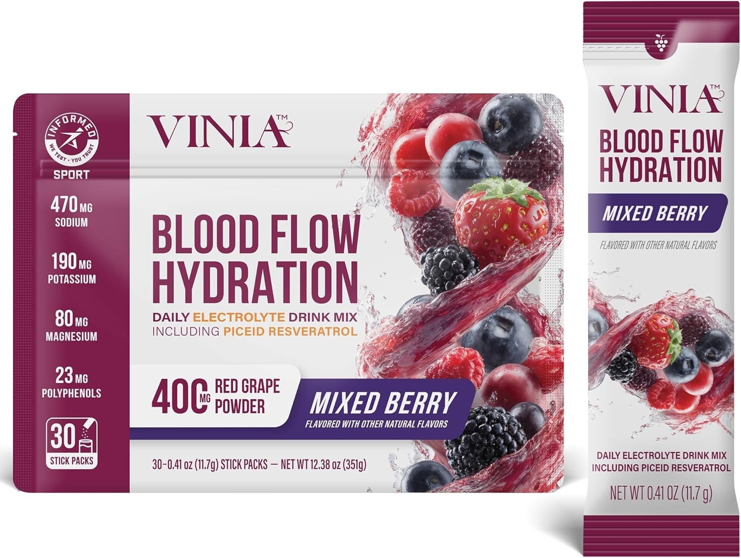 VINIA Resveratrol Electrolyte Hydration Powder Mix Mixed Berry Blood Flow