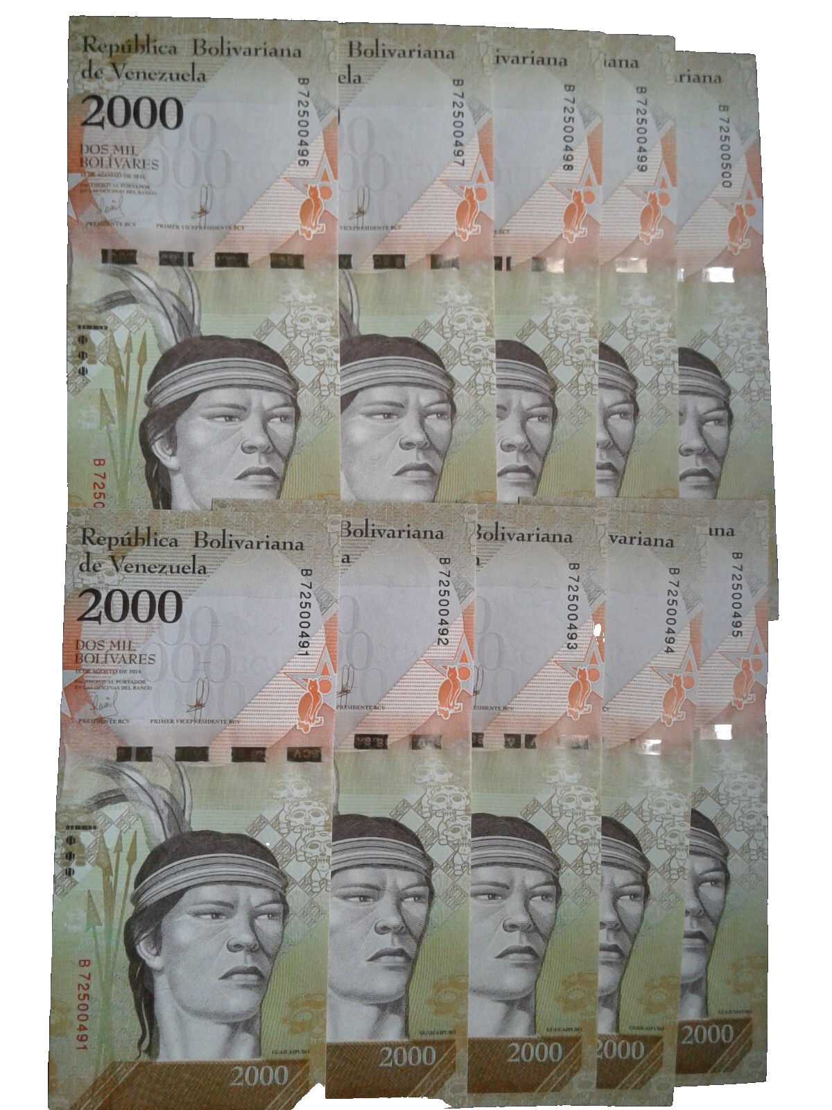 10 PCS Venezuela 2000 Bolivars Paper Money Currency Set. Venezuelan Bill