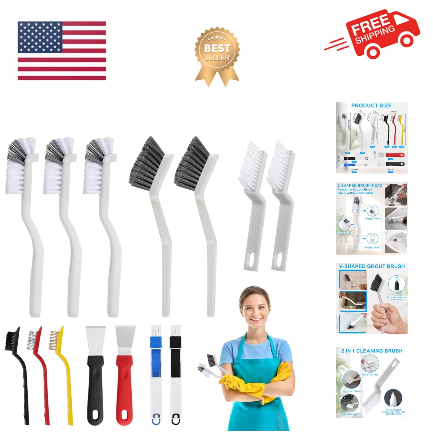 15 Pcs Crevice Cleaning Brush Set - Hard Bristle Cleaning Brush Supplies, V S...