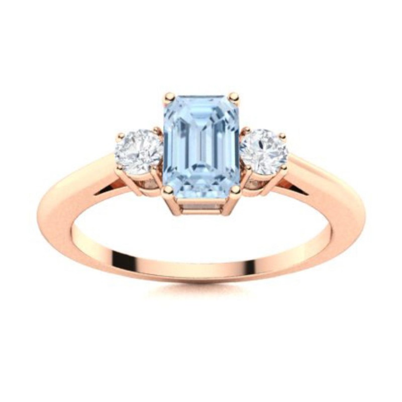 925 Silver Natural Aquamarine March Birth Wife Boho Three-Stone Prong Ring