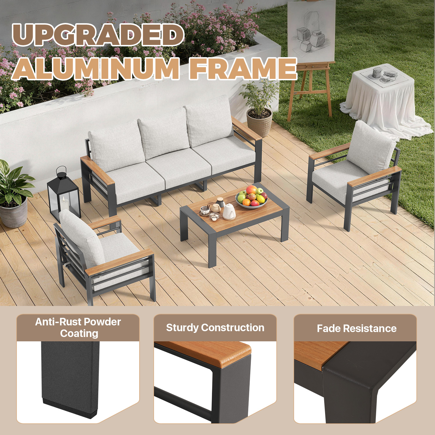 4-Piece Gray Exposed Tube Patio Sofa Set 2 Single&Double&Table