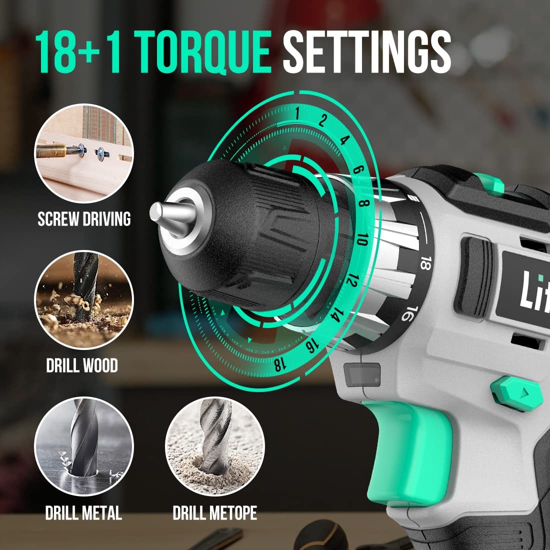 Cordless Drill Set, 20V Max Power Drill, 3/8” Keyless Chuck, 18+1 Torque Sett...
