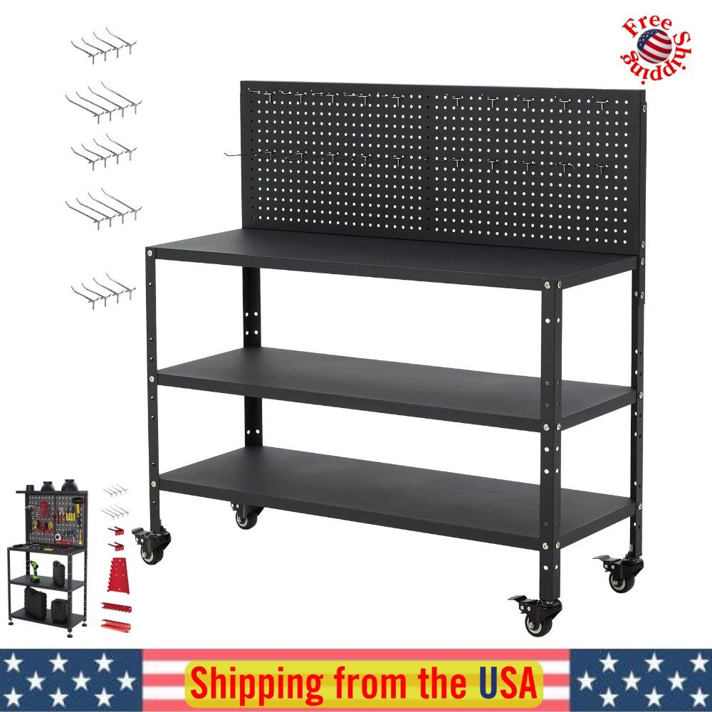 Metal Tool Work Table Adjustable Heavy Duty Bench Pegboard Garage Workstation