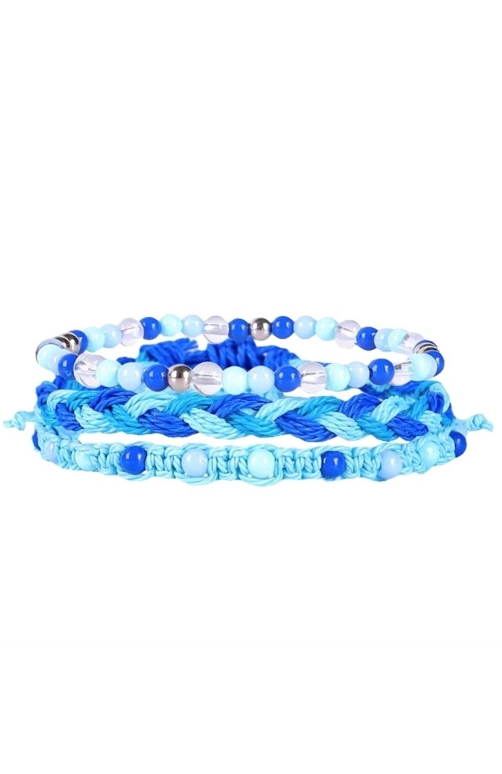 Blue Beaded Braided Cord Bracelet Set Adjustable Tie Closure Glass Bohemian