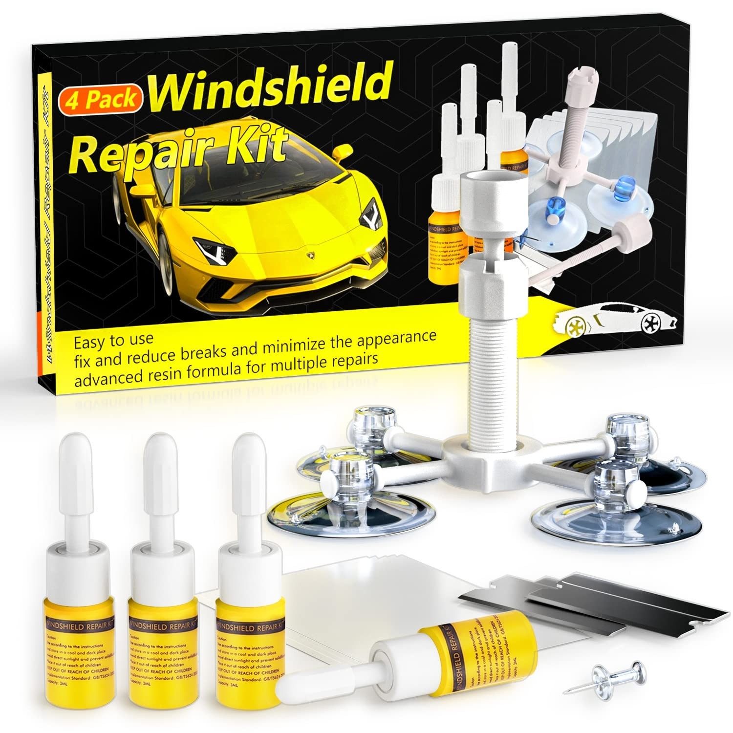 Windshield Repair Kit, 4 Pcs Car Glass Repair Kit Quick Fix for Chips & Crack...