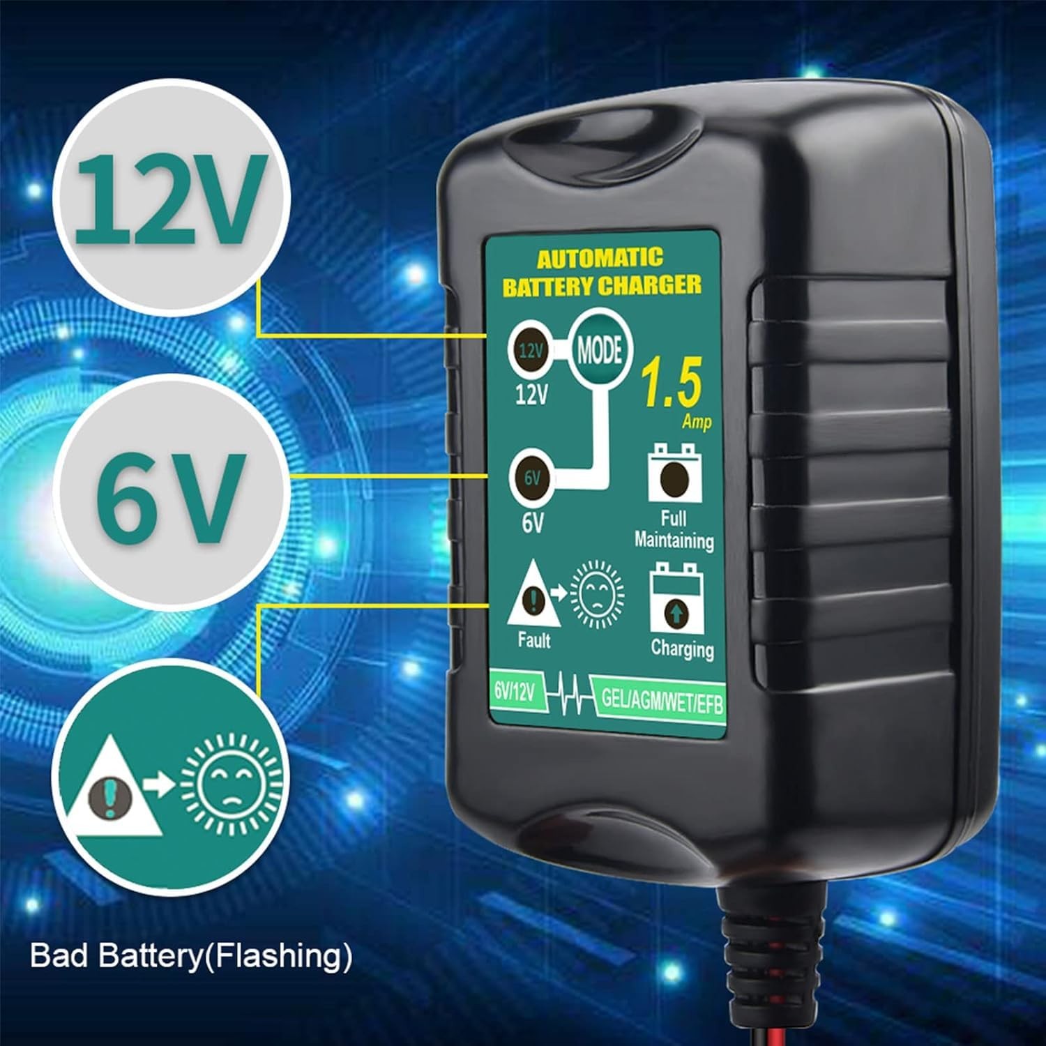 12V / 6V Battery Trickle Charger Maintainer, 1.5A Automatic Smart Float Black