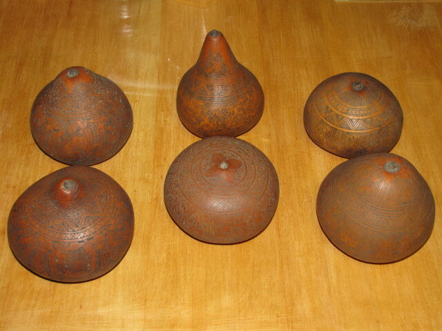 Lot of 6 Antique Hand Carved Peruvian Gourds Intricate Folk Art
