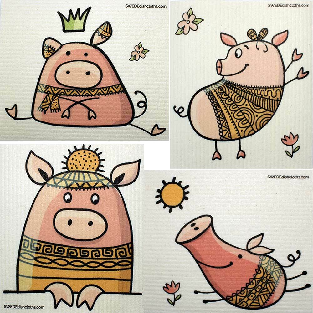 Mixed Cute Pigs Set of 4 cloths (One of each design) Swedish Dishcloths ECO  Abs