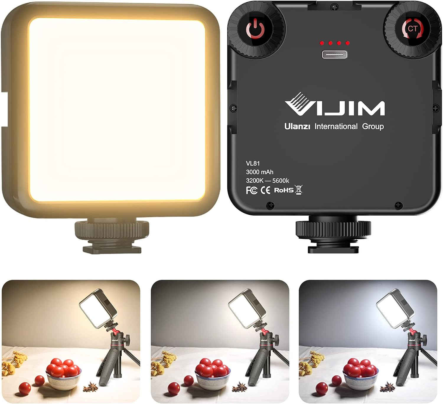 VIJIM LED Video Light, VL81 on Camera Light with 3 Cold Shoe Rechargeable 3000Ma