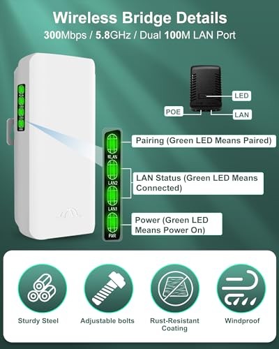 Wireless Bridge with 2 Bracket Mounts, 3KM 5.8G Outdoor Point to Point CPE for