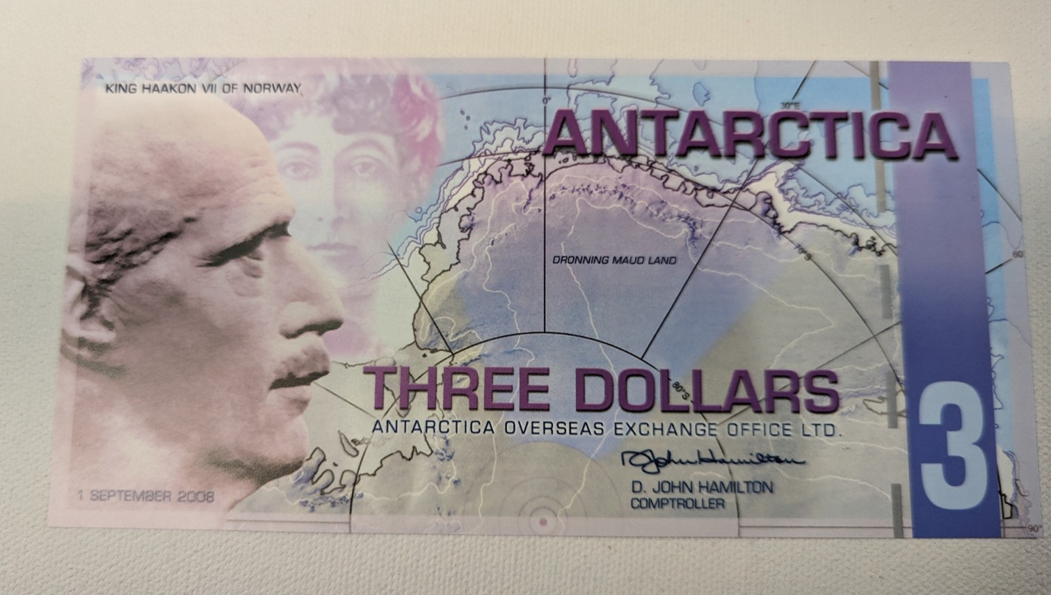 Antarctica 3 Dollars 2008 King Haakon VII Polymer UNC Comrtv