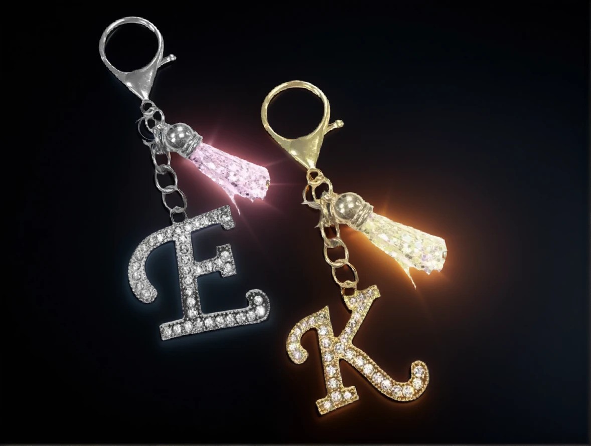 Personalized Rhinestone Initial Letter Keychain Sparkle Tassel Key Ring 1.5"x4"