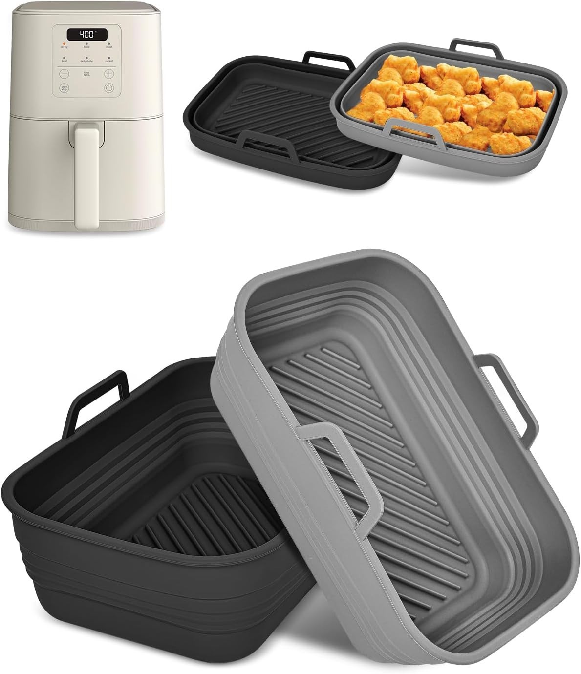 Collapsible Air Fryer Silicone For Bella 4QT Slim Fryer, Gray+Black