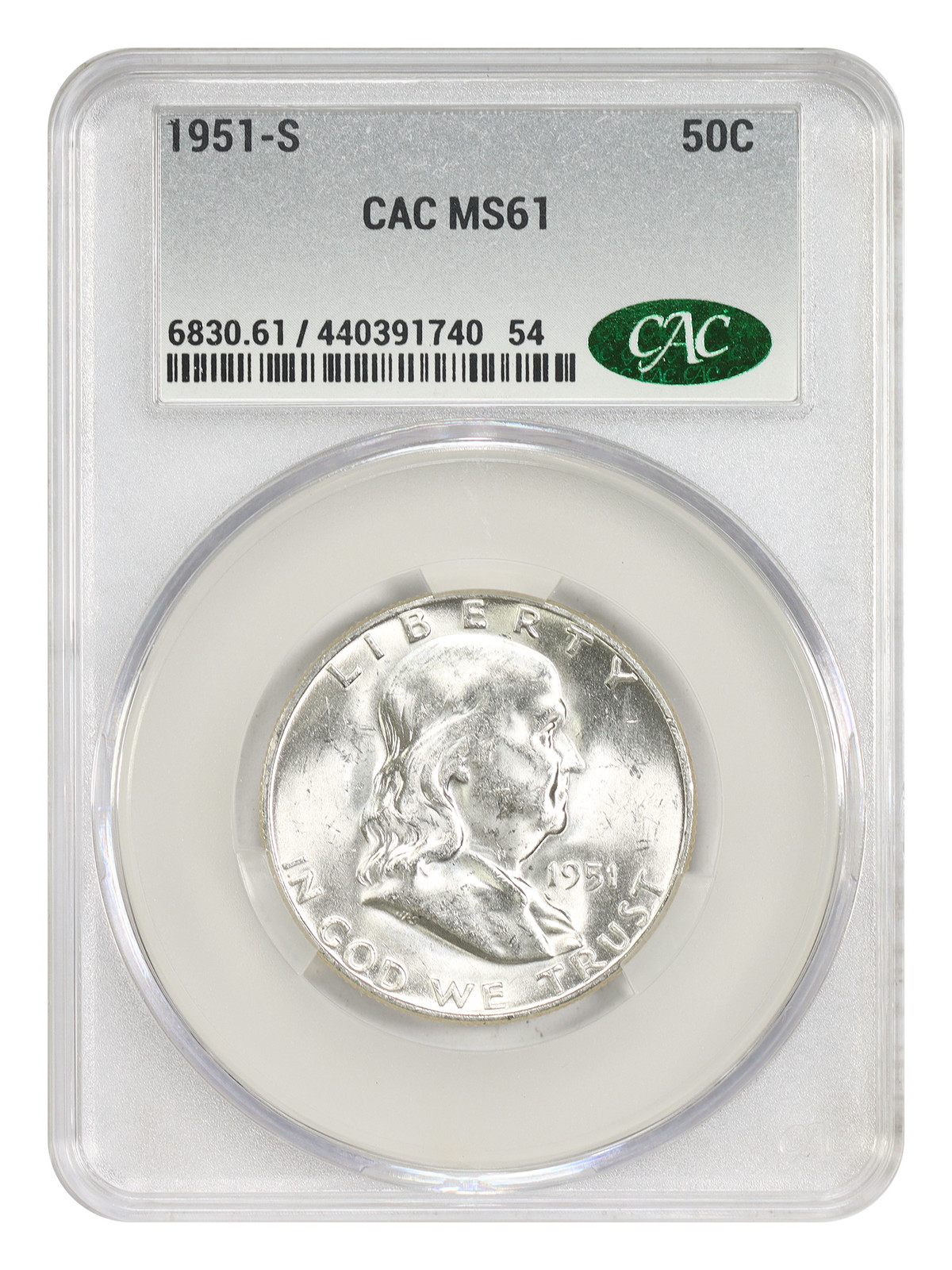 1951-S 50C CACG MS61 - Franklin Half Dollar