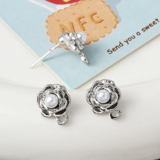 2Pairs Silver Rhodium Plated Alloy Faux Pearl Stud Earrings Component GJS626