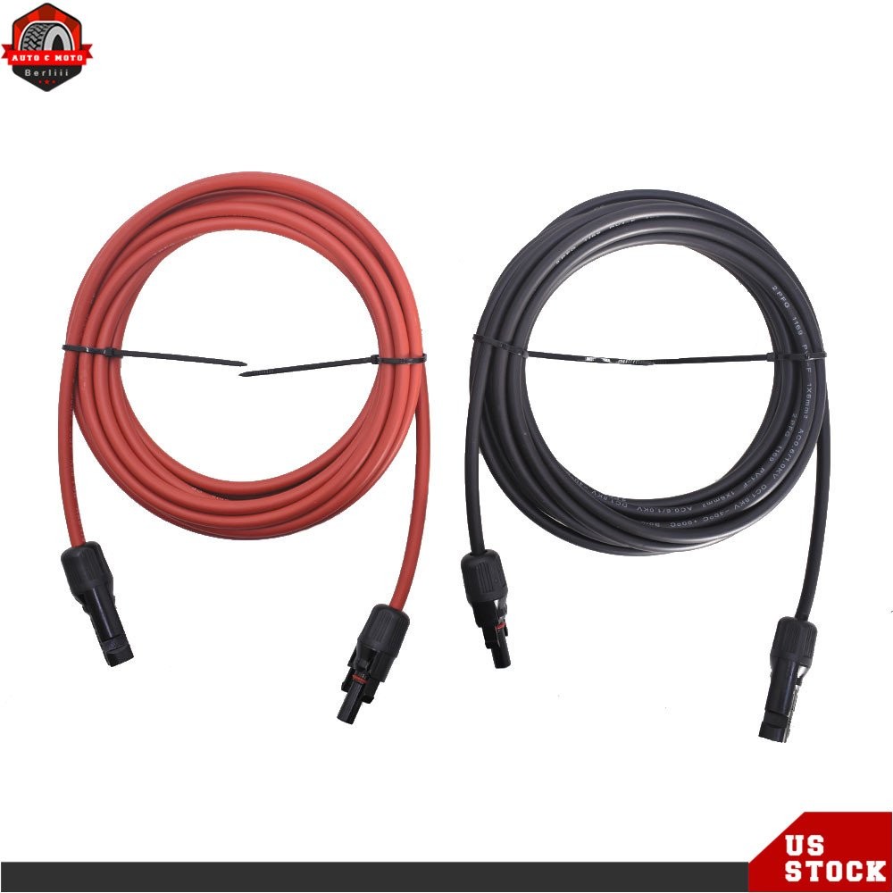 10 AWG 15 FT 1 Pair Black + Red Solar Panel Extension Cable Wire Connector