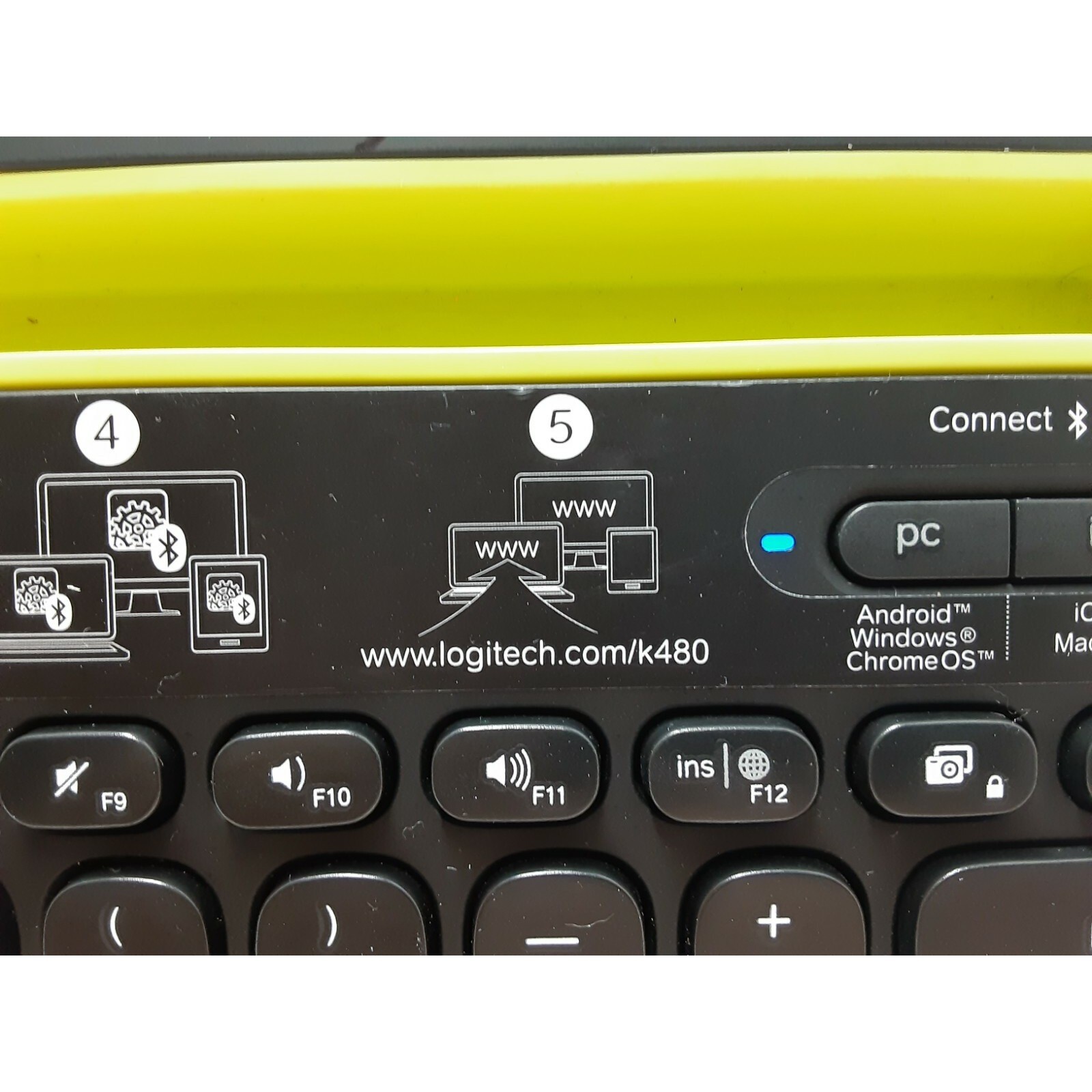 Logitech K480 Bluetooth Multi-Device Keyboard Black Lime Green Tablet Phone Slot