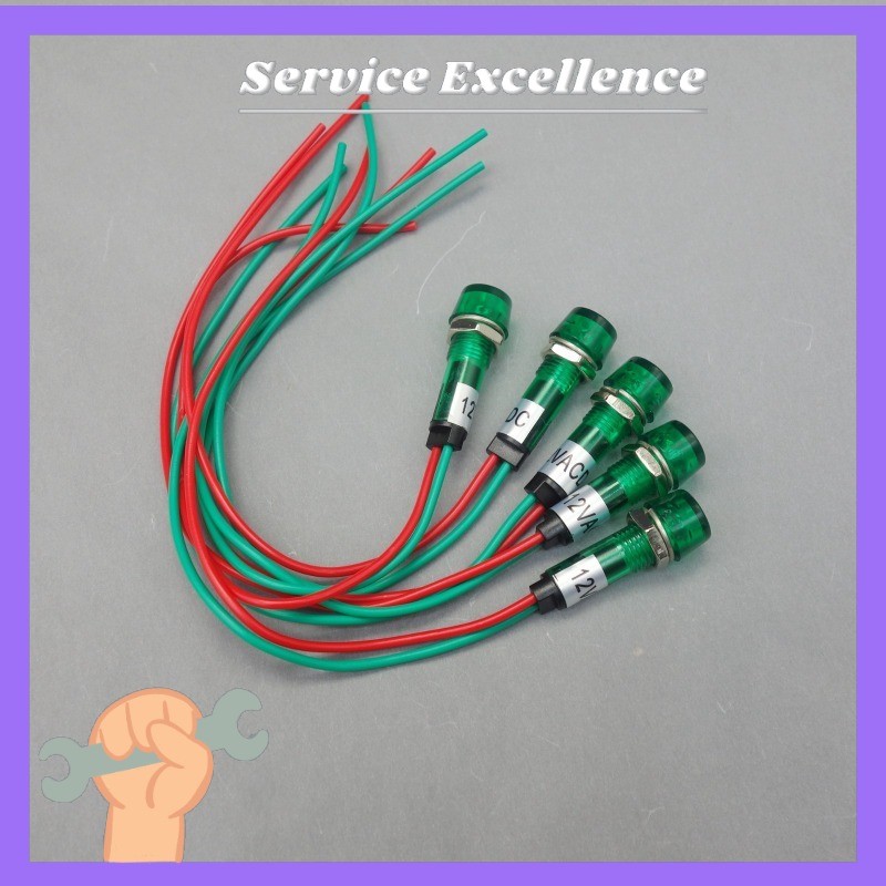 5X 12VAC 10mm Green Mini LED Pilot Light CYLINDRICAL Cap with wire Fast Shipping