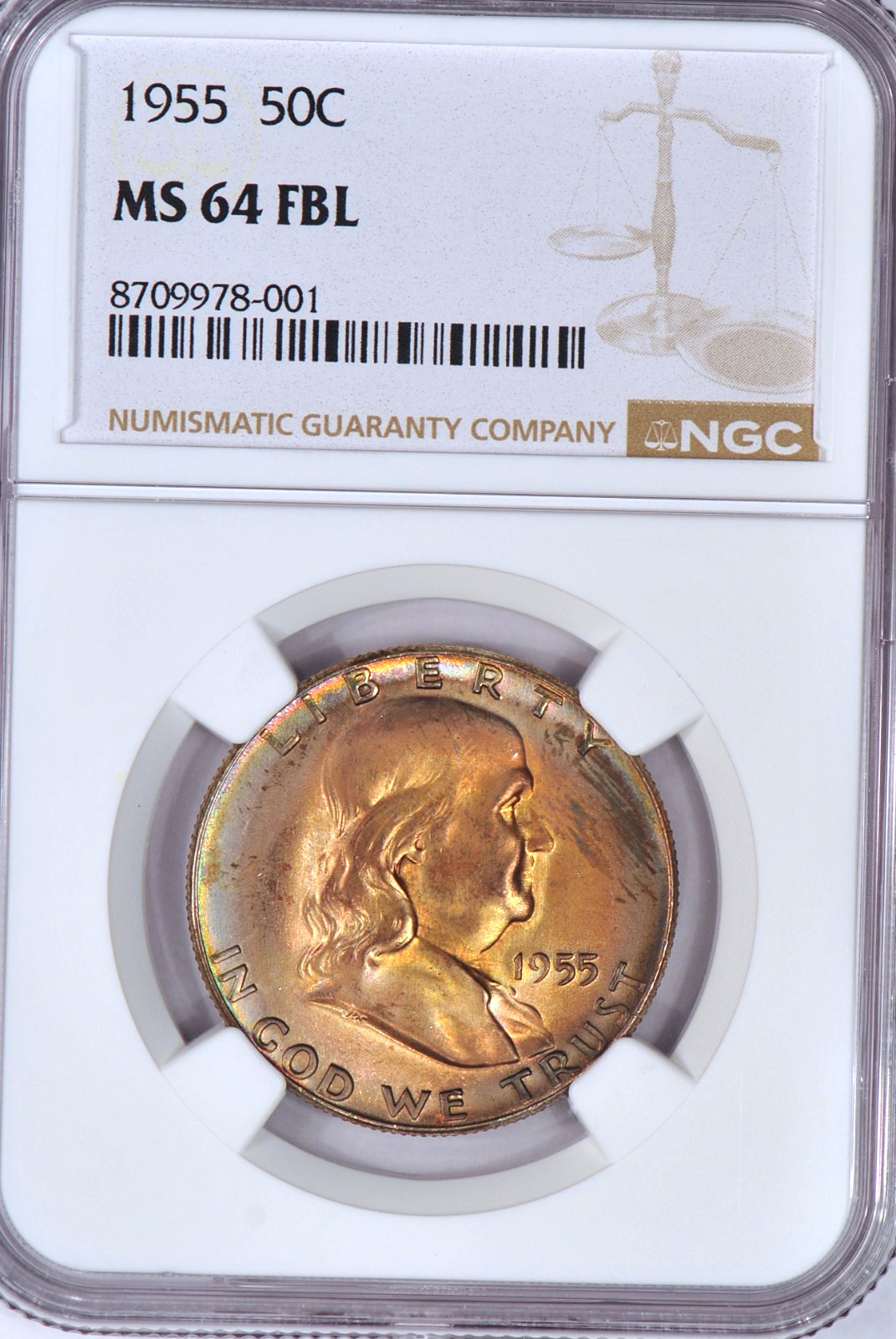 1955 Toned Franklin Half Dollar NGC MS 64 FBL Toning Silver Unique Coin 50C