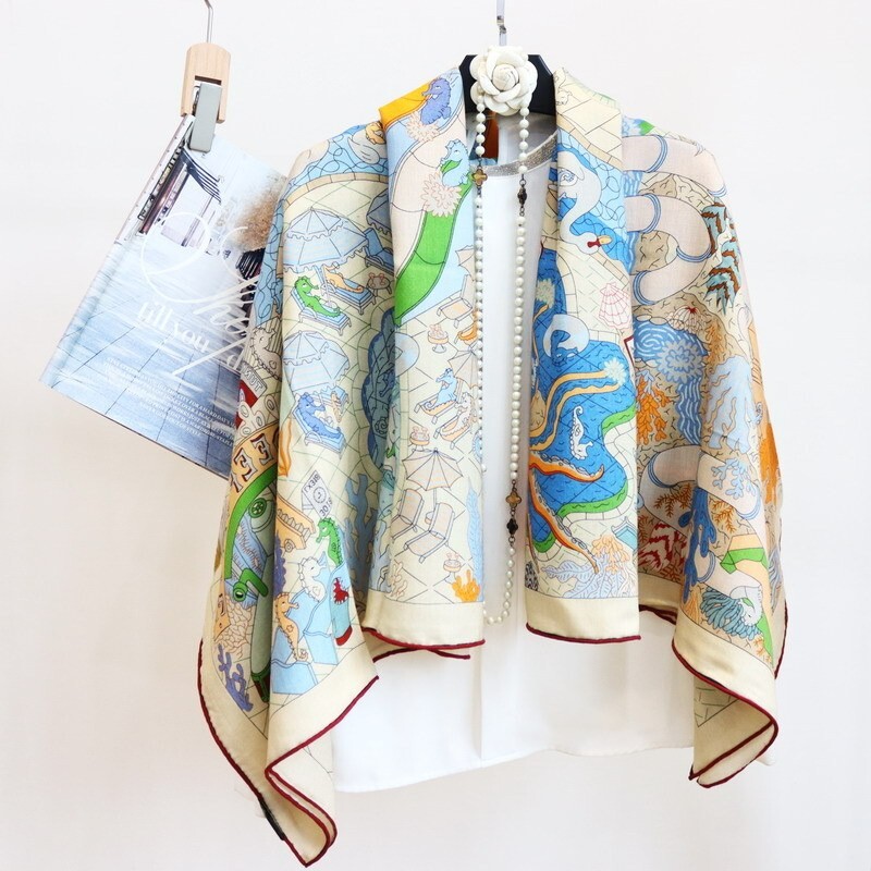 70% Cashmere & 30% Silk Wrap Scarf Water Park Print Double Face Print Shawl 53"