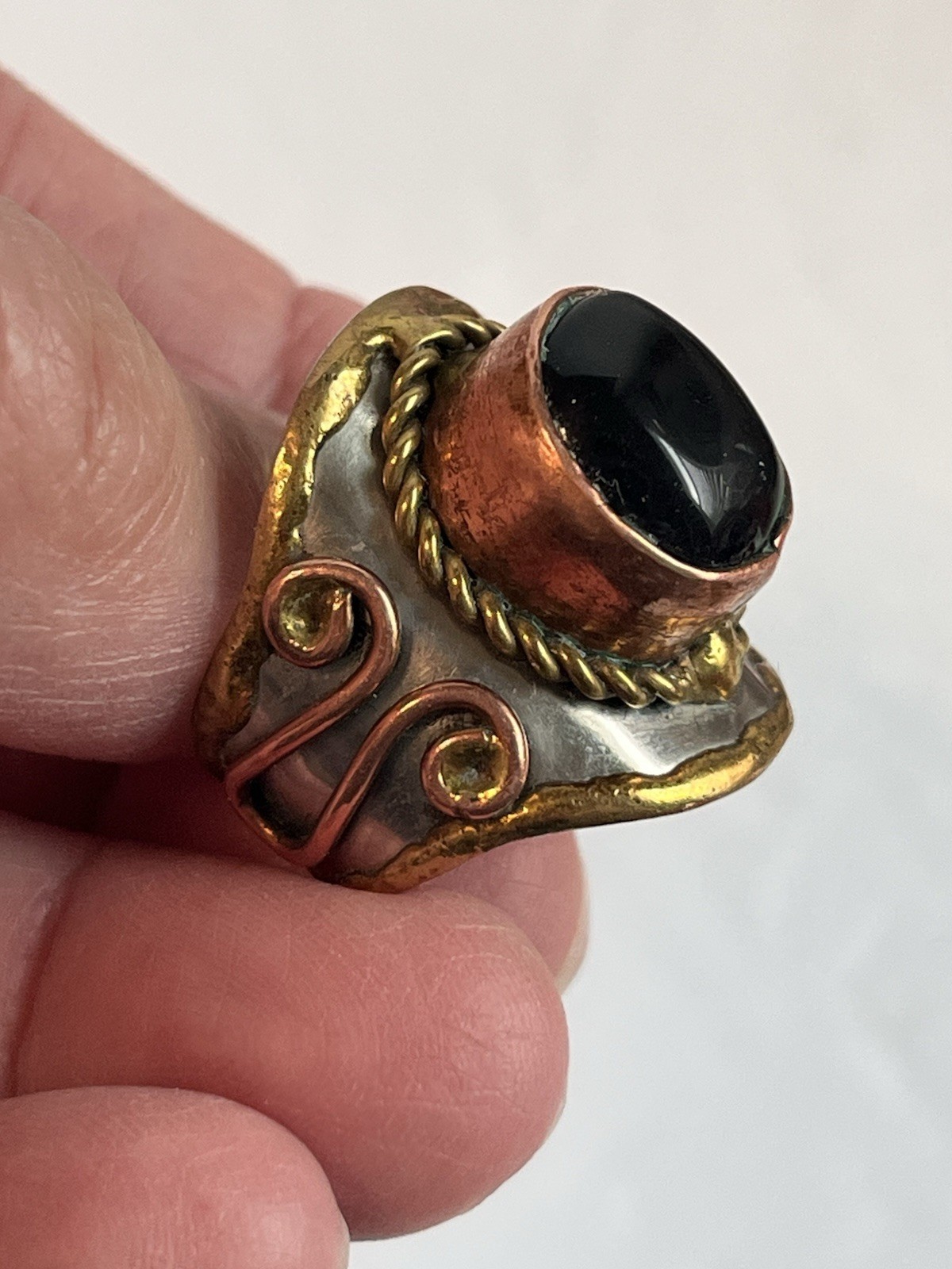 Black Onyx Stone Cuff Ring Adjustable Boho Handcrafted Mixed Metal Ring