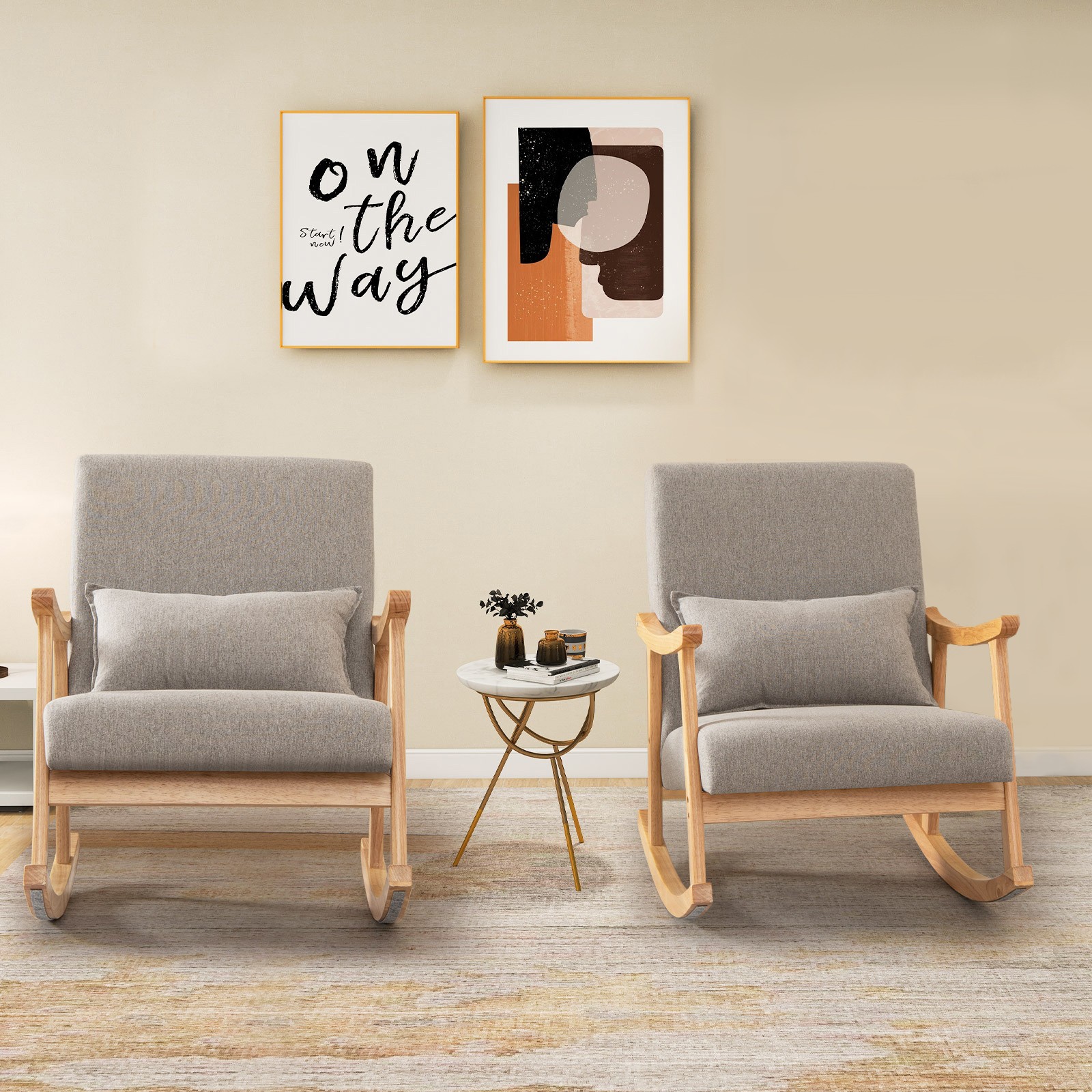 2PCS Rocking Chairs w/ Pillow Rocking Armchairs w/ Rubber Wood Frame Grey