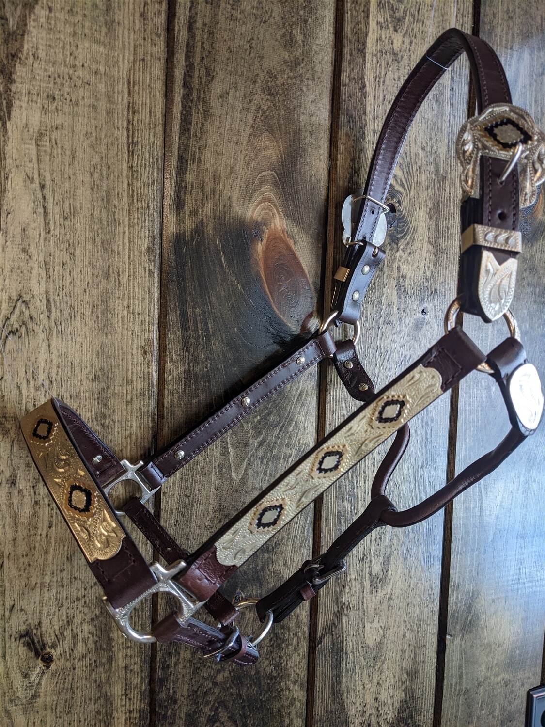 Horse Silver Show Halter - Gold & Black Diamonds - Matching Lead Shank