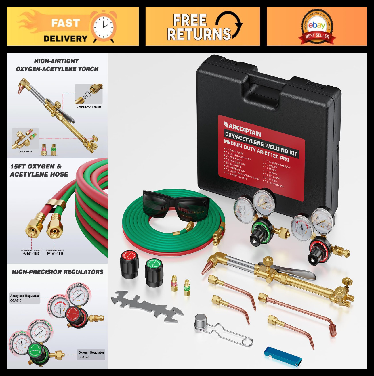 Medium Duty Oxy Acetylene Torch Kit - Gas Welding, Cutting, Hose, Regulator & Ti
