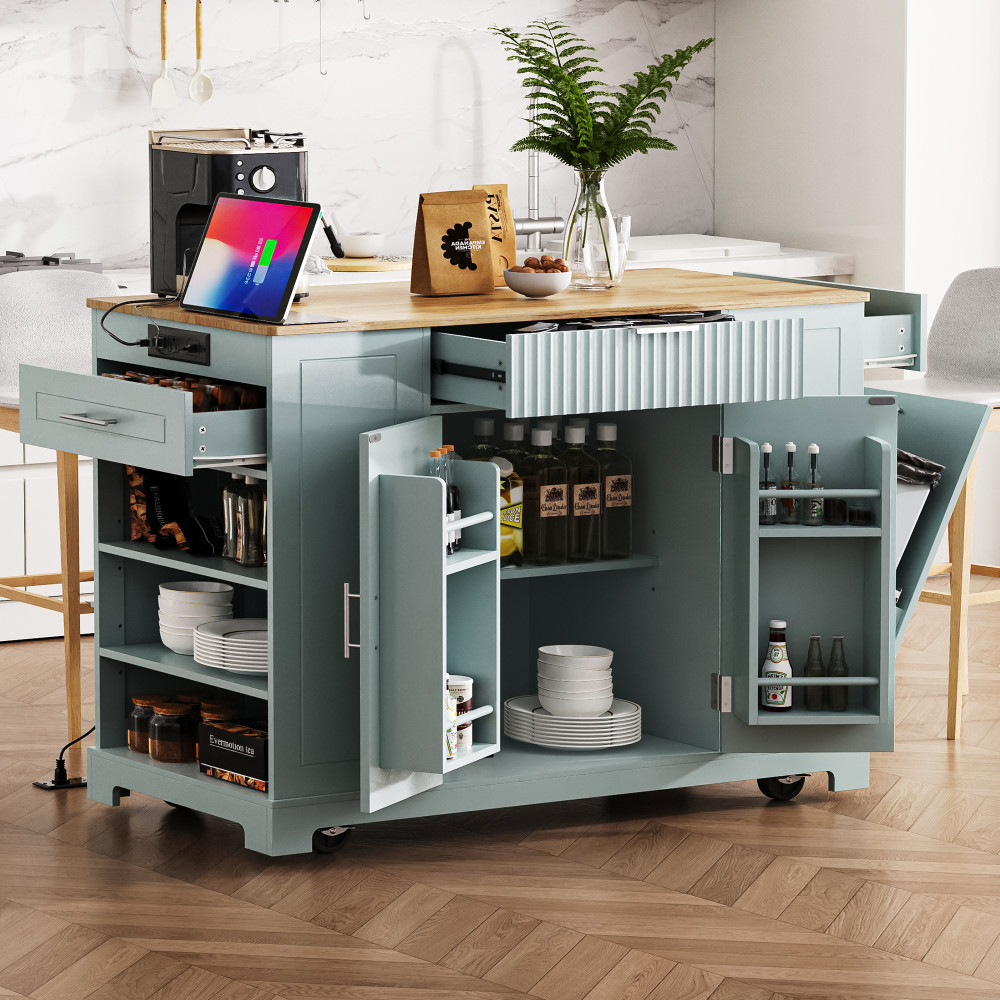 K&K Fluted Kitchen Island with Trash Can Storage Cabinet, Power Outlet