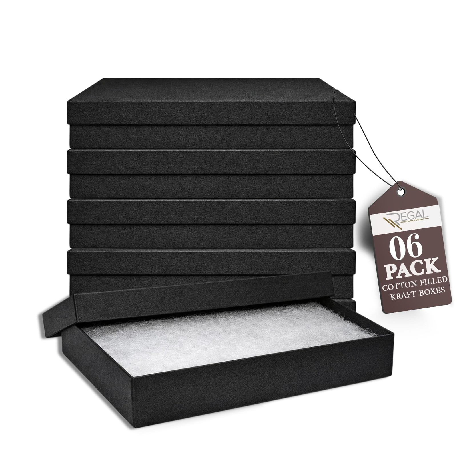 RJ Displays 6 Pack Jewelry Gift Boxes 5.25 x 3.75 x 1 Inch Black Matte Cotton...