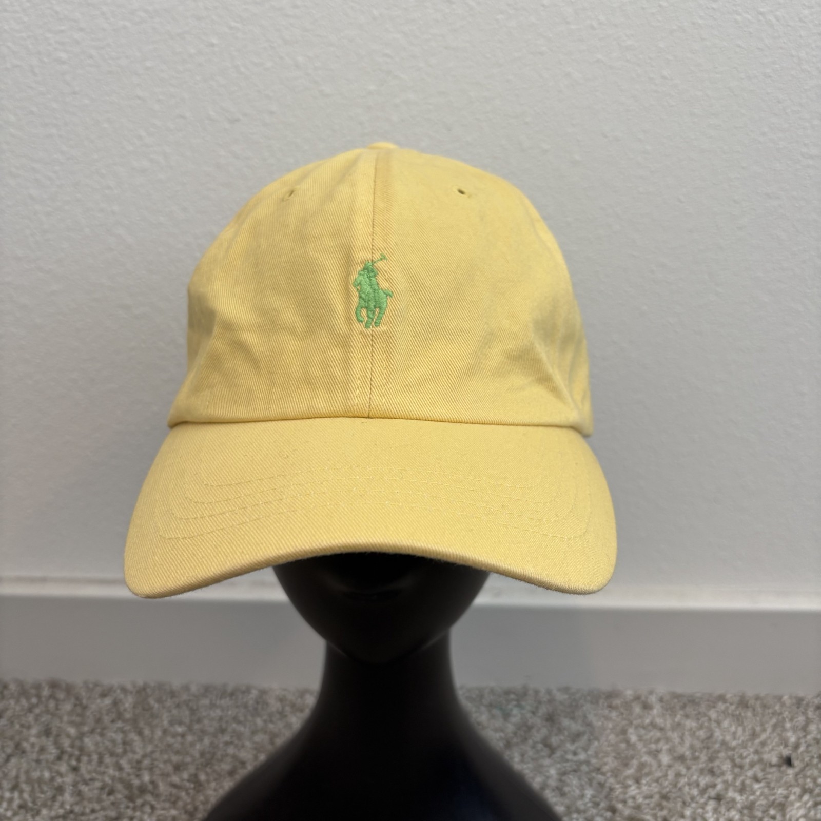 Vintage Polo Ralph Lauren Yellow Cap Hat OS Adjustable Leather Strap Green Pony