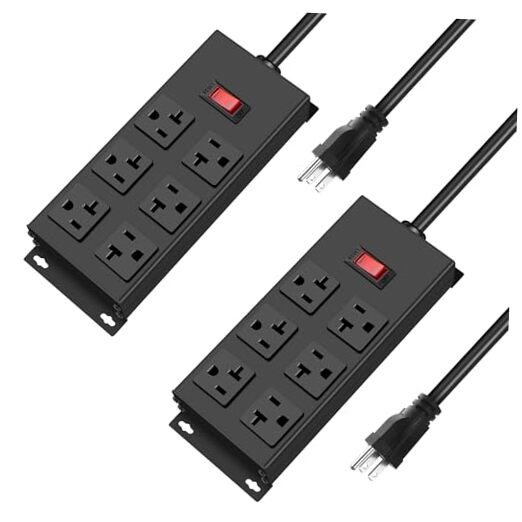 20 Amp Power Strip Heavy Duty 2 Pack, Garage 6 Outlets Metal 12 6FT 6AC 2-Pack