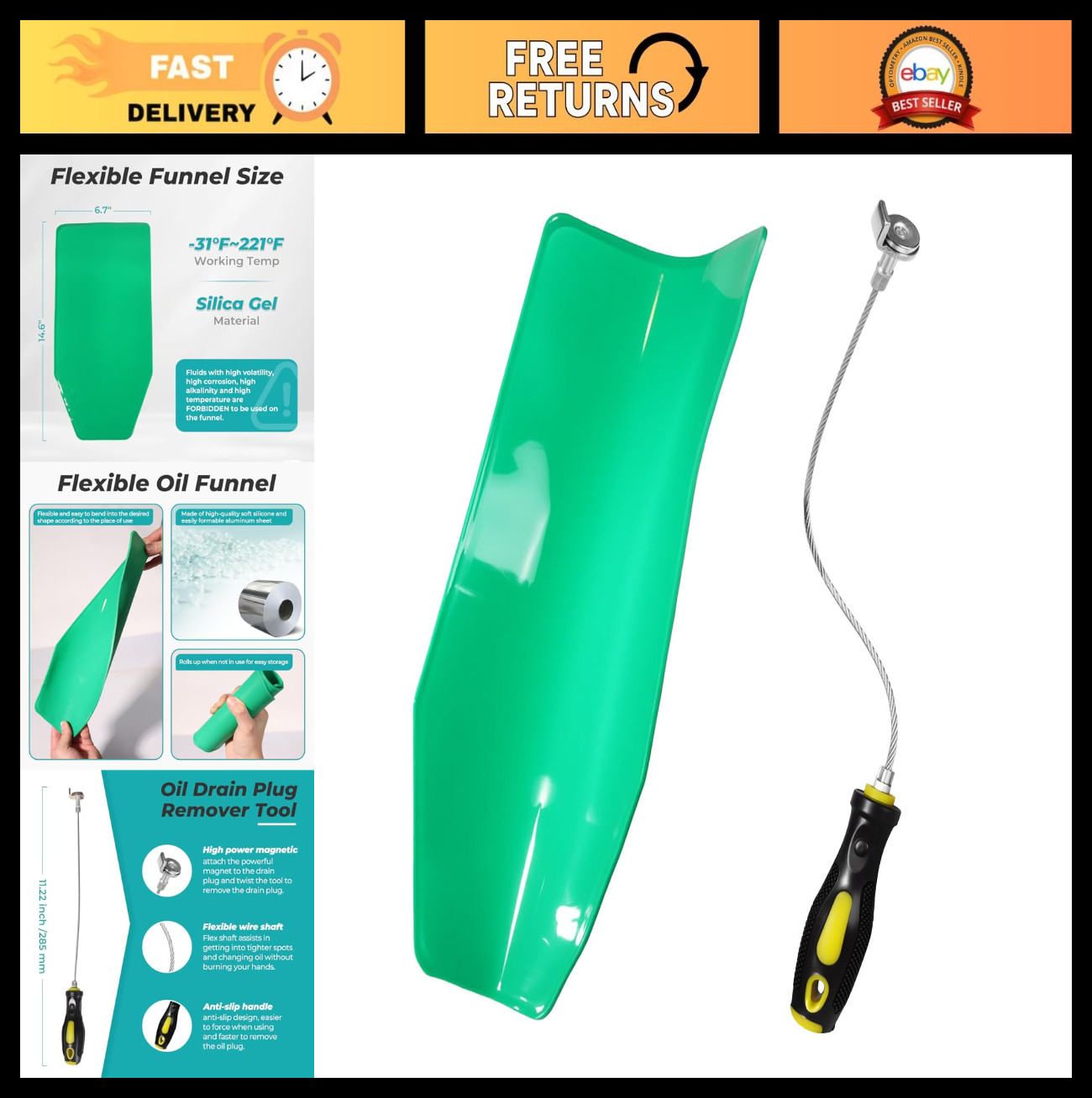 Magnetic Oil Drain Plug Remover Tool & Flexible Reusable Funnel for Easy Oil Cha