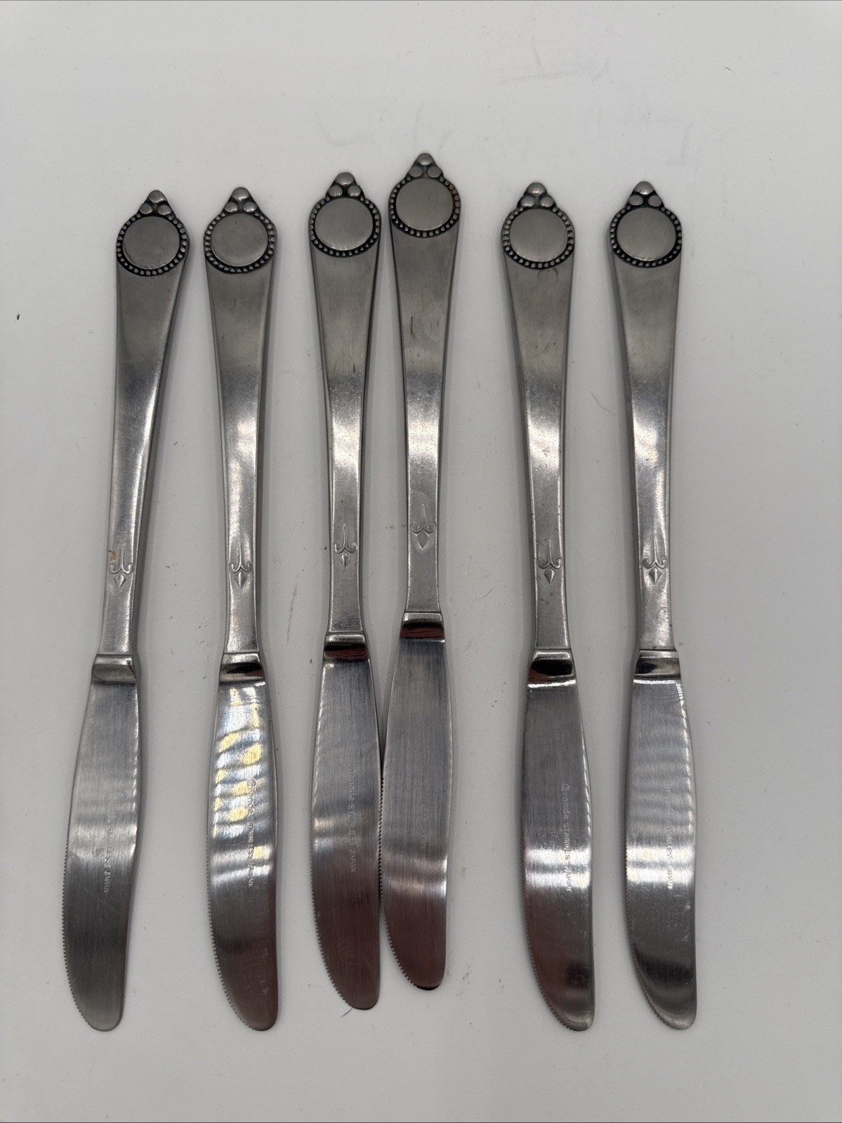 MCM Set Of 6 Stainless Japan Knives “Vanity” Circle Of Beads Monogramed With B