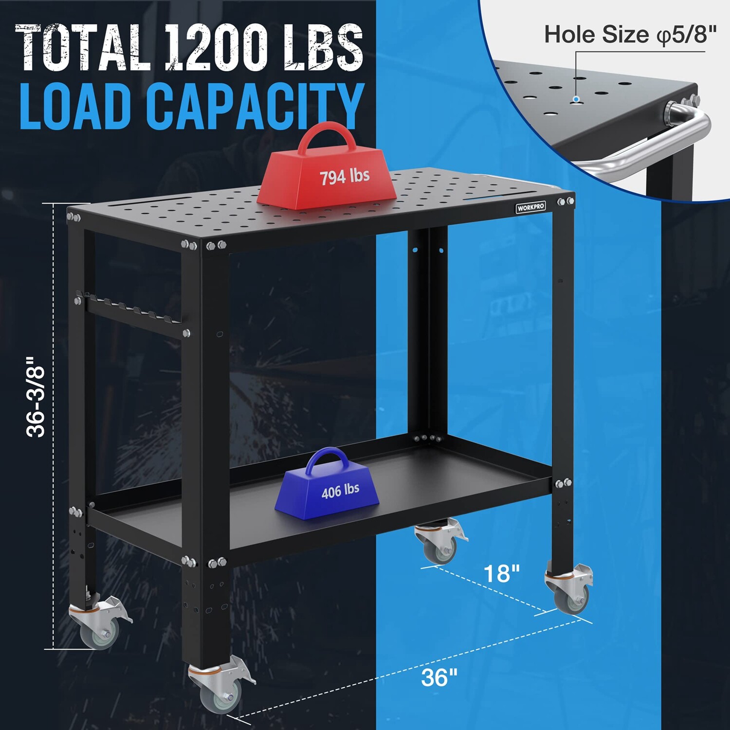 WORKPRO 36"X18" Welding Table Welding Cart Casters w/Brake 1200lbs Load Capacity