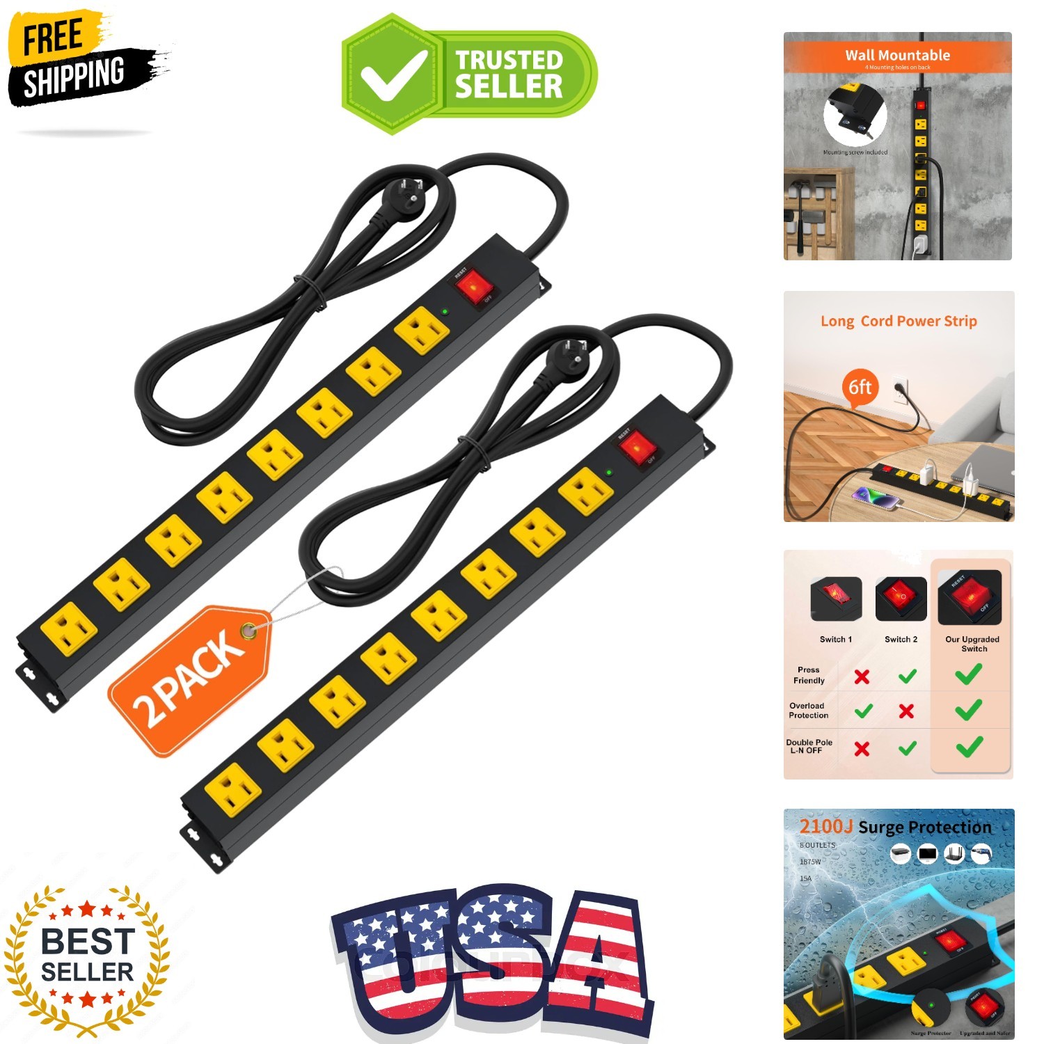 8 Outlet Long Power Strip, 2Pack 2100J Surge Protector Heavy Duty 6FT Cord Wi...