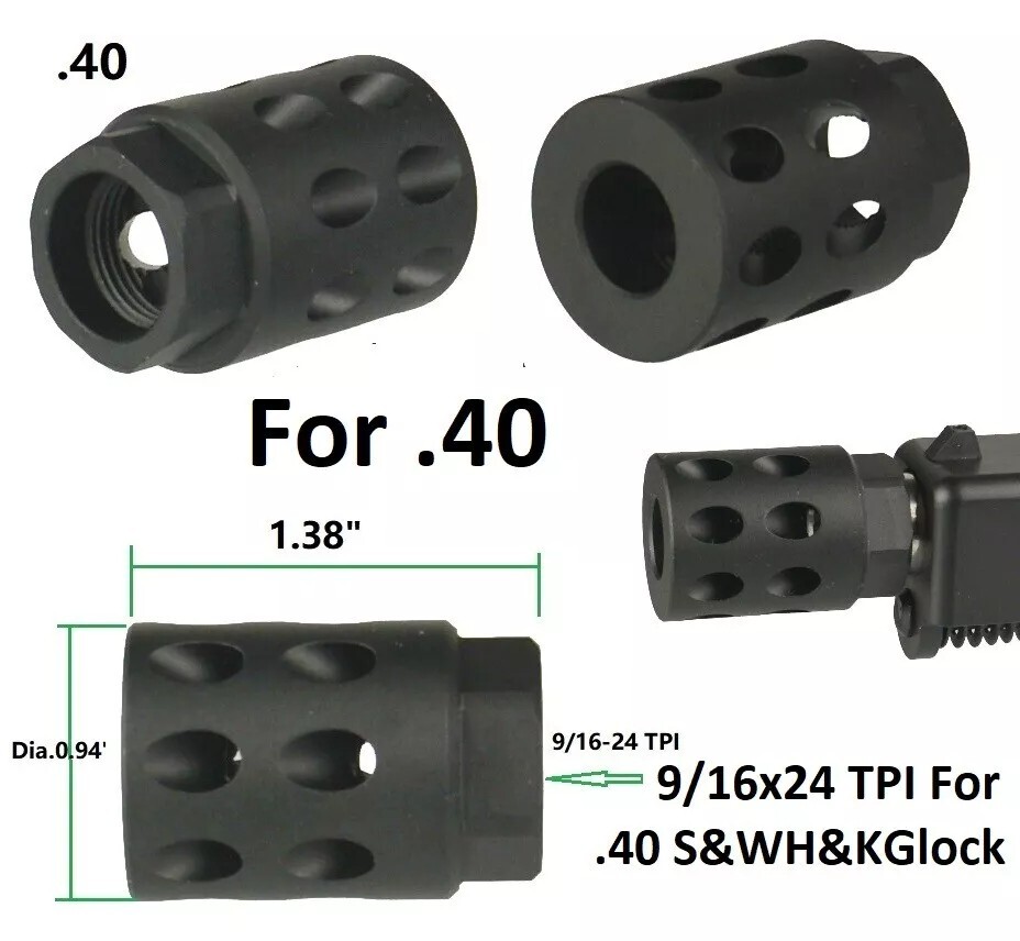 Aluminum Black 9/16X24 TPI Muzzle Brake Compensator For Glock S&W 40 .40