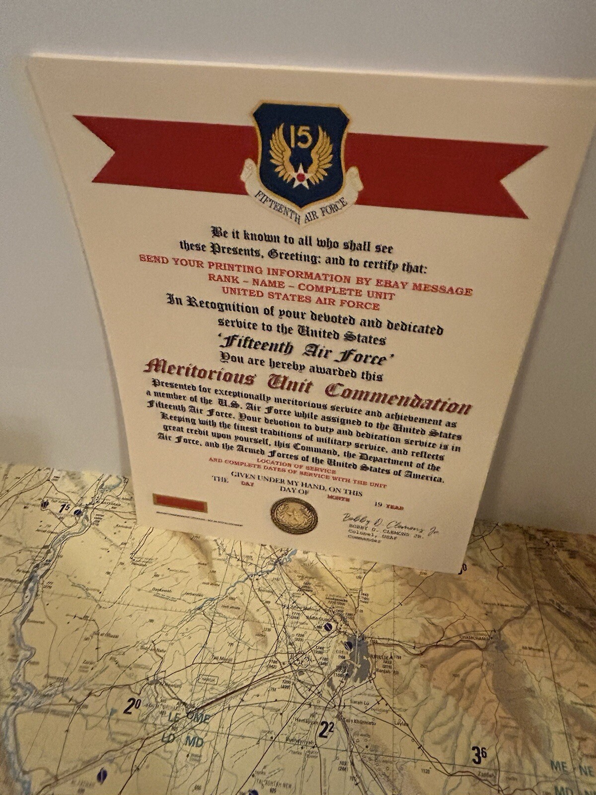 U.S. AIR FORCE / 15TH AIR FORCE - MERITORIOUS UNIT COMMENDATION CERTIFICATE