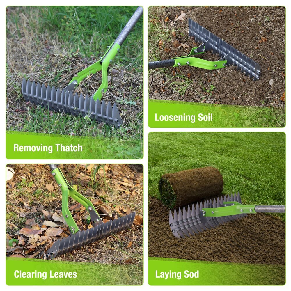 WORKPRO 15" Thatching Rake Heavy Duty Dethatcher Rake 5FT Handle Adjustable Head