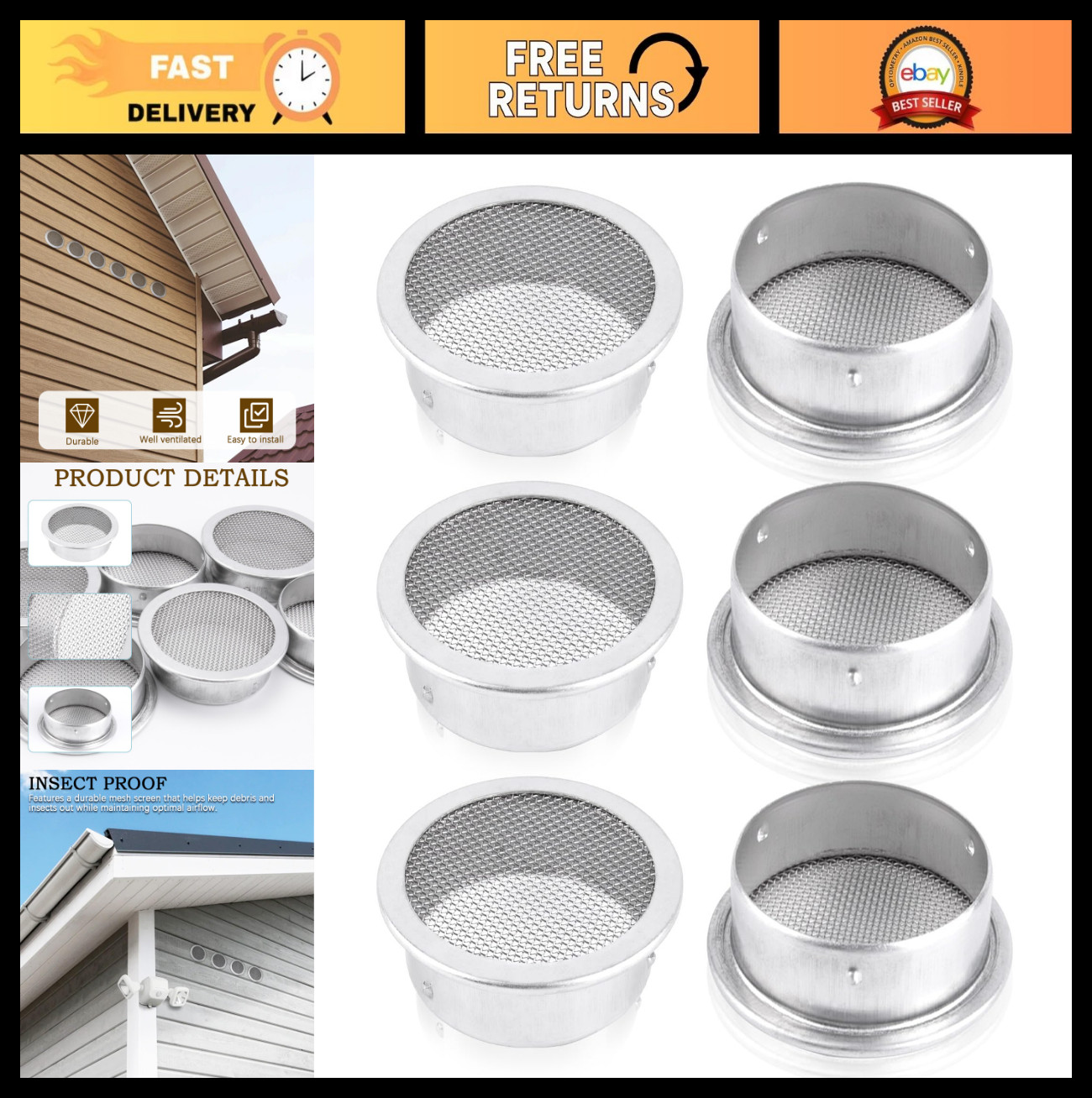 2" Round Open Screen Vents - Mill Finish, Pack of 6, Durable Airflow Solution