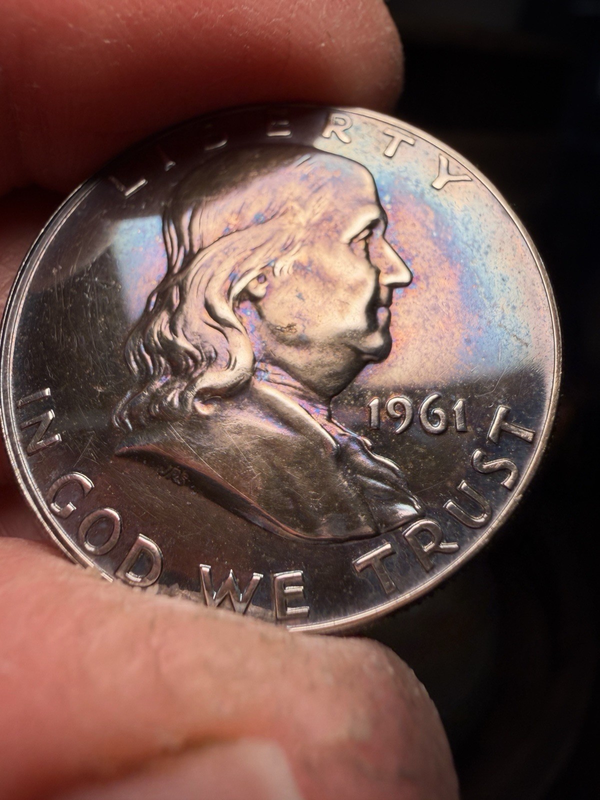 1961 50C (Proof) Silver Franklin Half Dollar PURPLE~BLUE Artificial Tone