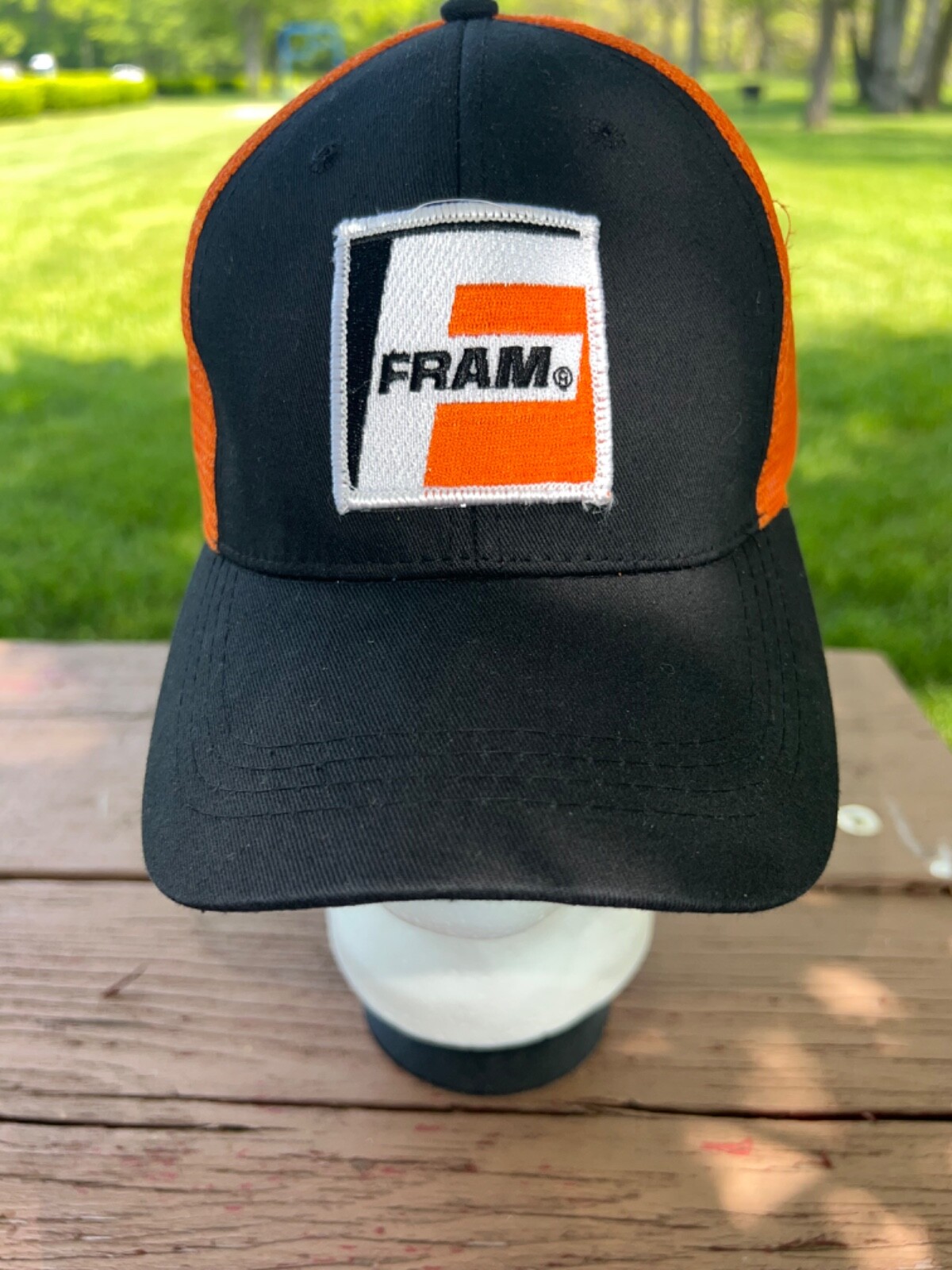 Fram Orange/White/Black Logo Patch on Black Orange Trucker Hat Cap Hook Loop EUC
