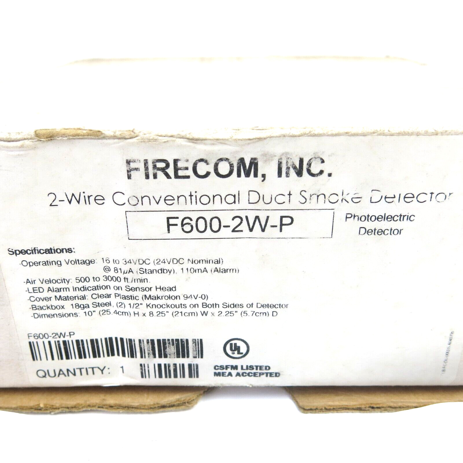 FIRECOM F600-2W-P 2-WIRE CONVENTIONAL DUCT SMOKE DETECTOR