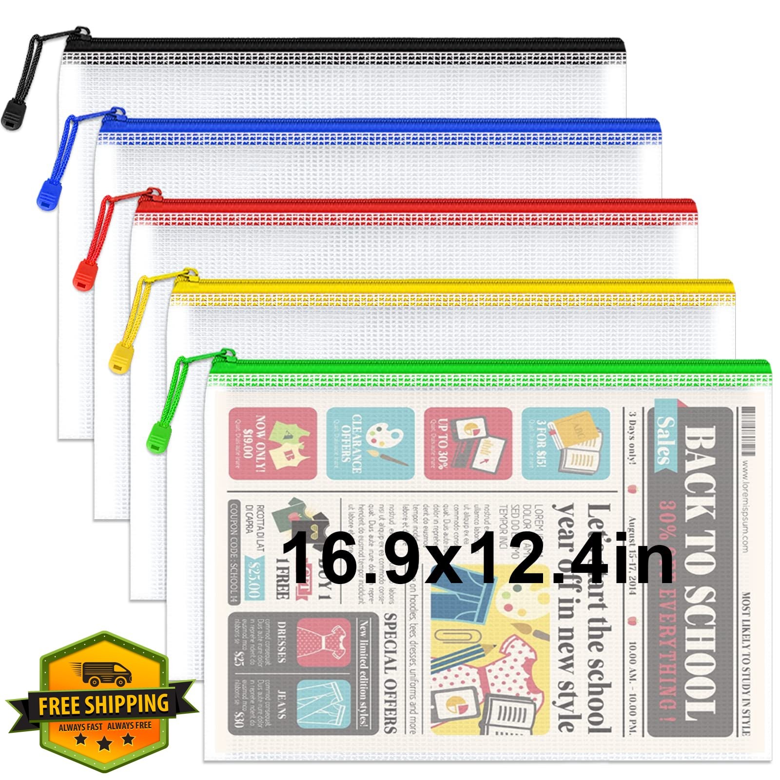 Umriox 5pc Mesh Zipper Pouches, 16.9x12.4", Large Storage